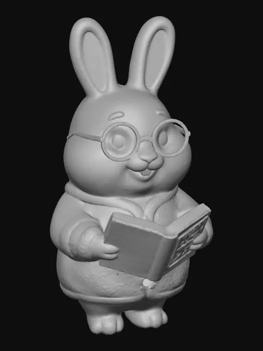 3D model for Stylized 3D bunny teacher. Soft gray bunny in rainbow cardigan and glasses, holding a book. Gentle, wise, and nurturing expression. Cartoon, colorful, family-friendly style. Provide a single consistent render (front view only).