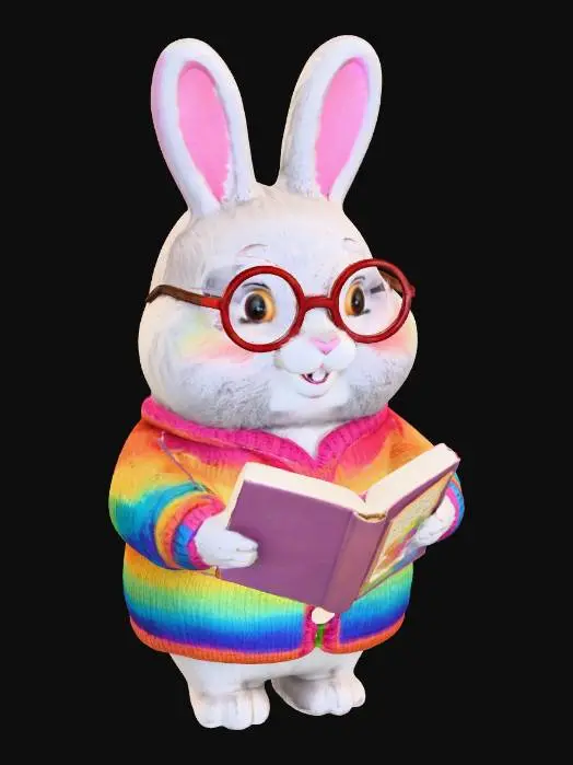 3D model for Stylized 3D bunny teacher. Soft gray bunny in rainbow cardigan and glasses, holding a book. Gentle, wise, and nurturing expression. Cartoon, colorful, family-friendly style. Provide a single consistent render (front view only).