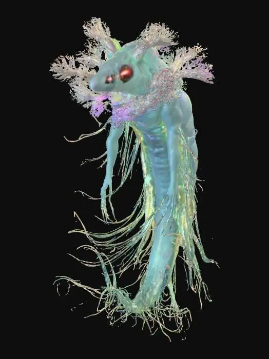 3D model for design a creature adapted to extreme tidal forces and warped time. Days last four Earth years and nights last two. The creature drifts between two planets that share the same orbit, enduring alternating blazing starlight and deep frozen darkness. Its body is elongated and partially translucent, with gravity-sensing fronds, iridescent plasma organs that shimmer in strong aurora-like radiation, and shielded core segments to protect from relativistic particles. It has no eyes; it navigates by sensing spacetime distortions and magnetic storms. Its limbs are fractal filaments that can anchor into the planet’s crust during high tidal pull. Background: sky filled with shifting auroras, multiple moons, and distant warped stars curving around the black hole’s silhouette.