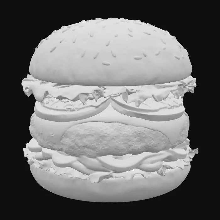 3D model for Hyper-realistic 3D #food# cheeseburger hero model, stacked tall with golden brown sesame-seed bun (soft texture, tiny cracks, lightly toasted edges), fresh vibrant lettuce with crisp leaf detail, juicy ruby tomato slices with translucent seeds, caramelized onions with glossy sheen, molten cheddar cheese stretching over a perfectly grilled beef patty with charred grill marks and juicy grease shine. Emphasize ultra-detailed PBR textures: bun matte softness, veggies crisp and moist, patty glistening, cheese glossy melt. Place on rustic wooden cutting board with subtle reflections, cinematic studio lighting, shallow depth of field background blur. Four consistent multi-view renders (front, back, left, right) for 3D reconstruction.
