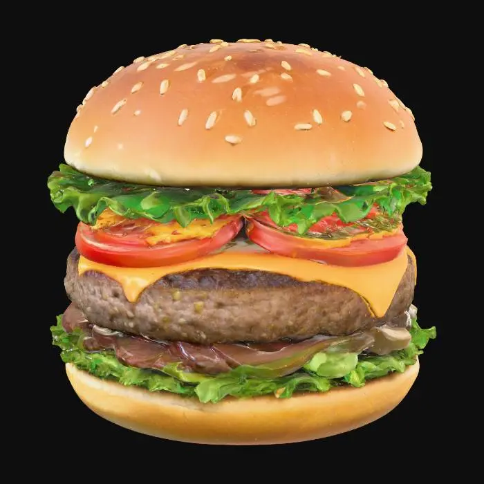3D model for Hyper-realistic 3D #food# cheeseburger hero model, stacked tall with golden brown sesame-seed bun (soft texture, tiny cracks, lightly toasted edges), fresh vibrant lettuce with crisp leaf detail, juicy ruby tomato slices with translucent seeds, caramelized onions with glossy sheen, molten cheddar cheese stretching over a perfectly grilled beef patty with charred grill marks and juicy grease shine. Emphasize ultra-detailed PBR textures: bun matte softness, veggies crisp and moist, patty glistening, cheese glossy melt. Place on rustic wooden cutting board with subtle reflections, cinematic studio lighting, shallow depth of field background blur. Four consistent multi-view renders (front, back, left, right) for 3D reconstruction.