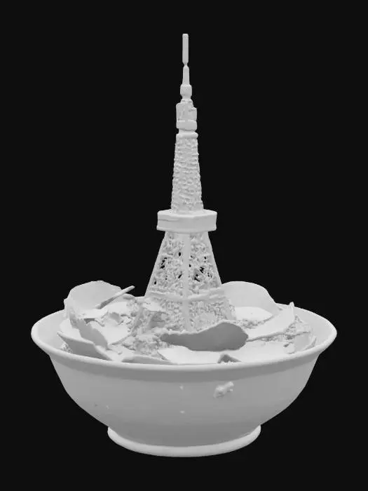 3D model for [Tokyo],#AroundTheWorld#,A deformed style, red Tokyo Tower is built inside a Tonkotsu ramen bowl. Visible are Chashu pork, green onions, and noodles.,A red Tokyo Tower stands in a bowl of tonkotsu ramen. The bowl contains chashu pork, green onions, and noodles, and a cloudy white soup is visible.,