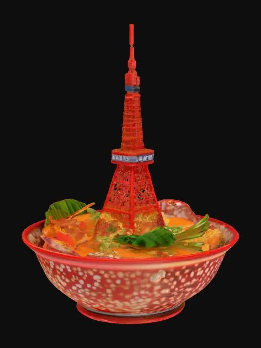3D model for [Tokyo],#AroundTheWorld#,A deformed style, red Tokyo Tower is built inside a Tonkotsu ramen bowl. Visible are Chashu pork, green onions, and noodles.,A red Tokyo Tower stands in a bowl of tonkotsu ramen. The bowl contains chashu pork, green onions, and noodles, and a cloudy white soup is visible.,