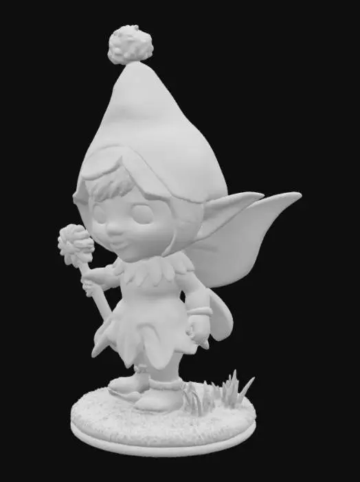 3D model for Design a 3D-printable garden gnome inspired by Tinkerbell. She should have a leaf-textured dress with jagged edges, a high bun hairstyle, and pointed ears. Include simplified fairy wings that curve inward or connect to the body for print stability. Add a flower-shaped or leafy gnome hat. Pose her standing or in a supported lifted-leg stance on a mushroom or flower base for balance. Add a small wand or etched magical detail near her hand or base. Use raised details for features like facial expression, hair, and clothing. All parts must be fused into a single watertight mesh with no thin, unsupported elements. Designed for FDM printing with minimal overhangs.
