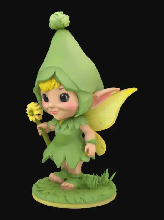 3D model for Design a 3D-printable garden gnome inspired by Tinkerbell. She should have a leaf-textured dress with jagged edges, a high bun hairstyle, and pointed ears. Include simplified fairy wings that curve inward or connect to the body for print stability. Add a flower-shaped or leafy gnome hat. Pose her standing or in a supported lifted-leg stance on a mushroom or flower base for balance. Add a small wand or etched magical detail near her hand or base. Use raised details for features like facial expression, hair, and clothing. All parts must be fused into a single watertight mesh with no thin, unsupported elements. Designed for FDM printing with minimal overhangs.
