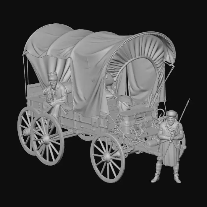 3D model for Covered wooden wagon from the Wild West, with canvas top stretched over curved wooden frames, large spoked wheels, and detailed harness for horses. Two men seated on the edge of the wagon, wearing traditional robes and boots, while armed guards with turbans and spears stand nearby. Rural countryside background with rolling hills, realistic textures, historical style.