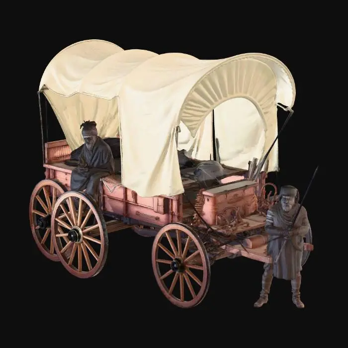 3D model for Covered wooden wagon from the Wild West, with canvas top stretched over curved wooden frames, large spoked wheels, and detailed harness for horses. Two men seated on the edge of the wagon, wearing traditional robes and boots, while armed guards with turbans and spears stand nearby. Rural countryside background with rolling hills, realistic textures, historical style.