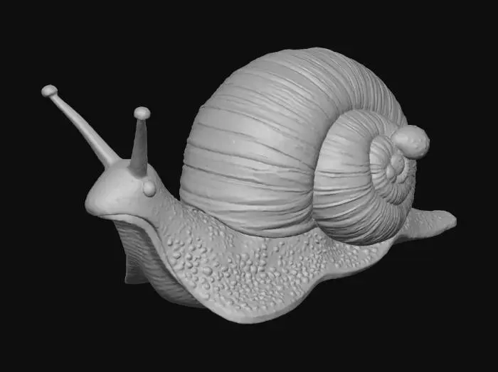 3D model for A majestic 3D render of a mystic snail guardian, its considerable body now showing signs of translucence, with a pale, ethereal glow emanating from its pearlescent, finely textured mantle. Its elegant eyestalks extend further, culminating in large, deep eyes that shimmer with nascent celestial patterns. The snail's shell has transformed into a thriving, miniature ecosystem: the original spiral form is almost completely integrated into a vibrant landscape of emerald moss, glowing geodes, and tiny, luminous, tree-like growths, with delicate, shimmering waterfalls trickling down its sides. Its path is marked by a continuous, flowing stream of sparkling, iridescent starlight, as it moves through a deeply magical, twilight-kissed ancient forest.