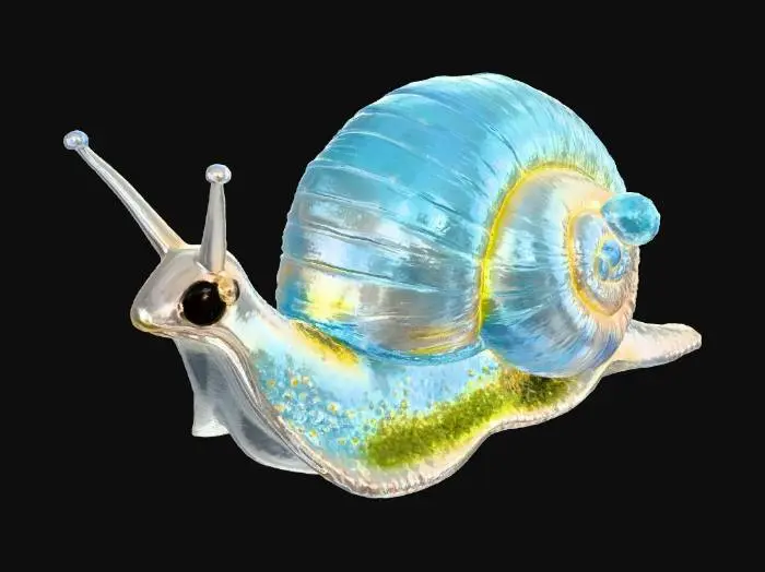 3D model for A majestic 3D render of a mystic snail guardian, its considerable body now showing signs of translucence, with a pale, ethereal glow emanating from its pearlescent, finely textured mantle. Its elegant eyestalks extend further, culminating in large, deep eyes that shimmer with nascent celestial patterns. The snail's shell has transformed into a thriving, miniature ecosystem: the original spiral form is almost completely integrated into a vibrant landscape of emerald moss, glowing geodes, and tiny, luminous, tree-like growths, with delicate, shimmering waterfalls trickling down its sides. Its path is marked by a continuous, flowing stream of sparkling, iridescent starlight, as it moves through a deeply magical, twilight-kissed ancient forest.