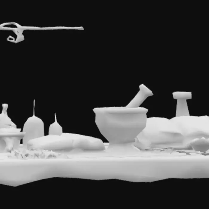 3D model for A weathered medieval alchemist’s workstation, complete with bubbling potions, open books with arcane symbols, scattered herbs, a mortar and pestle, and a dimly glowing crystal embedded in the table. The table should be made of rough, dark wood with iron brackets and signs of burn marks from past experiments