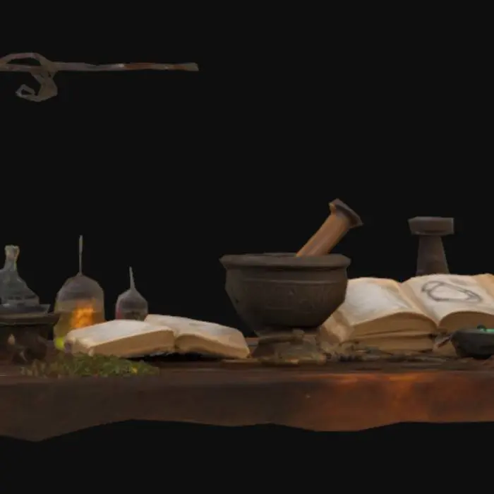 3D model for A weathered medieval alchemist’s workstation, complete with bubbling potions, open books with arcane symbols, scattered herbs, a mortar and pestle, and a dimly glowing crystal embedded in the table. The table should be made of rough, dark wood with iron brackets and signs of burn marks from past experiments