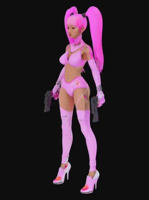 3D model for  Nova "Pink Bang" Viper

Backstory: Former K-pop idol turned outlaw after getting framed in a corporate drone war scandal.

Bounce Rush – Mid-air dodge + shockwave ground slam.

Sticky Builder – Tosses explosive build nodes (structure forms, then explodes after delay).

Hype Drive – Speed burst, hair color shifts when near top speed.

Drive Mode: “Sugar Venom” – Luxury car has bubblegum smoke trails & reactive tail LED lips.Hair	Bubblegum pink, twintails with neon pulse
Outfit	Tactical idol-style bodysuit with armored heelsCombat Loadout:

Dual automatic pistols extended mag flashlight with pink design for ultra design.