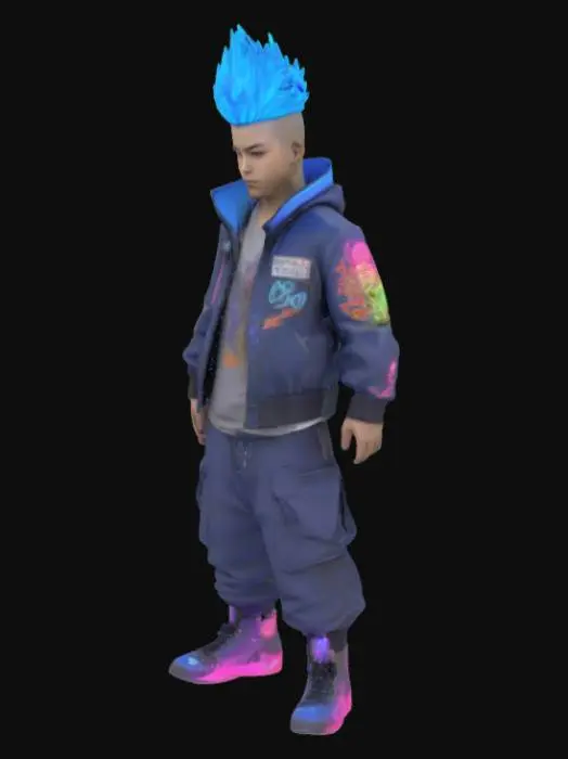 3D model for Rai "Blitz Boy" Kaze
Tokyo-born street prodigy turned underground streamer with a hacker brain.
Teleport-like dash with anime-style FX trail.
Auto-Build Pad Tosses a cube that unfolds into cover or platforms instantly.Feature       
Hair Electric blue, spiked and windswept with a subtle glow that intensifies at high speeds, emphasizing motion and energy in anime-style fashion.      Jacket streetwear jacket with LED trim, dynamic graffiti tags on the back that animate subtly while running. Accessories LED visor transparent with scanning hacks, sneakers that flash boost lights high tops  ultra designs 