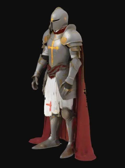 3D model for Each skin should be implemented as a Material Instance with dynamic parameters for color, metalness, emissive glow,wear/damage, and cloth pattern.Sanctified Wrath
Colors: White surcoat, red cross, glowing gold trim.

Glow FX: Emissive veins on sword + gold sigils on armor.

Look: Divine, shining in battle, minimal wear.Templar knight design: Great helm (15%) with gold-etched swirls and vertical slit; weathered steel. Chestplate (20%) features a templar surcoat over steel, gold-trimmed crest.  Cape (10%) in crimson or white, torn hem, high-quality cloth sim, flows dynamically. Leg armor (10%) with layered steel, gold inlays, scratched wear. Boots (5%) are stained leather with reinforced toes. VFX (7%) ember particles, dirt/blood. Face (5%) optionally revealed: battle-scarred, burned.