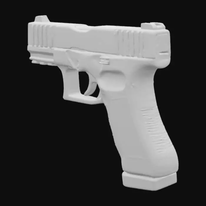 3D model for **Glock 17-S "Street Ops"** — a matte black, street-style pistol for urban games, based on the Glock 17. Slide: 25% focus with deep scratches, chipped edges, and engraved “STREETO-17” in extended neon font. Frame (20%) is molded plastic with finger grooves, grime buildup, and rubber grip (10%) showing compression wear. Extended 20-round mag (10%) has stamped bullets and a rugged rubber base. Trigger (7%) and sights (5%) show wear, with a glowing red front dot. Disassembly: mag drop, slide rack, takedown levers, slide removal, barrel and recoil spring extraction. Textured for Unreal Engine with albedo, normal, roughness, AO, and emissive maps. Fonts and details glow subtly. Custom graffiti, etched kill counts, and tape wraps add realism.
