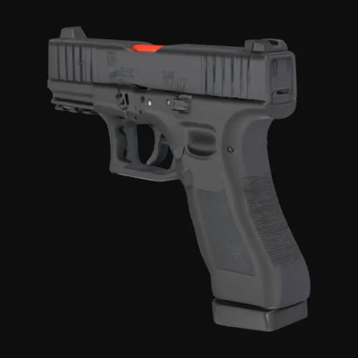3D model for **Glock 17-S "Street Ops"** — a matte black, street-style pistol for urban games, based on the Glock 17. Slide: 25% focus with deep scratches, chipped edges, and engraved “STREETO-17” in extended neon font. Frame (20%) is molded plastic with finger grooves, grime buildup, and rubber grip (10%) showing compression wear. Extended 20-round mag (10%) has stamped bullets and a rugged rubber base. Trigger (7%) and sights (5%) show wear, with a glowing red front dot. Disassembly: mag drop, slide rack, takedown levers, slide removal, barrel and recoil spring extraction. Textured for Unreal Engine with albedo, normal, roughness, AO, and emissive maps. Fonts and details glow subtly. Custom graffiti, etched kill counts, and tape wraps add realism.
