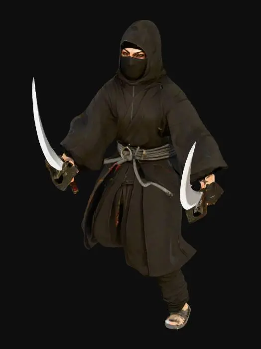 3D model for A Tomb Raider-like ninja character with a dagger in each hand, in a realistic, medieval style. His attire could be like that of a medieval ninja from Assassian's Creed.