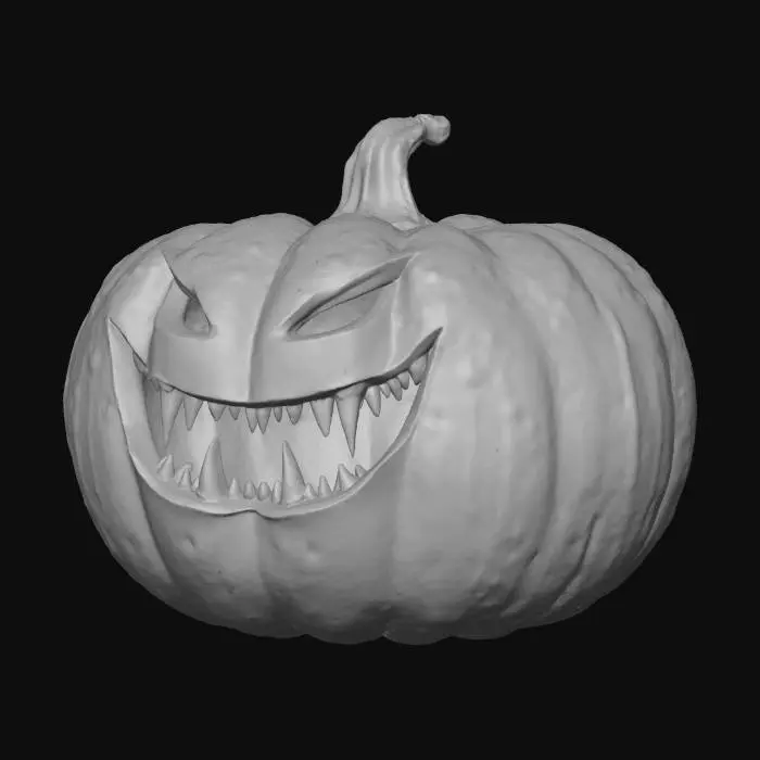 3D model for pumpkin with a nasty playful grin, with vampire-like fangs, translucent finish on metallic background