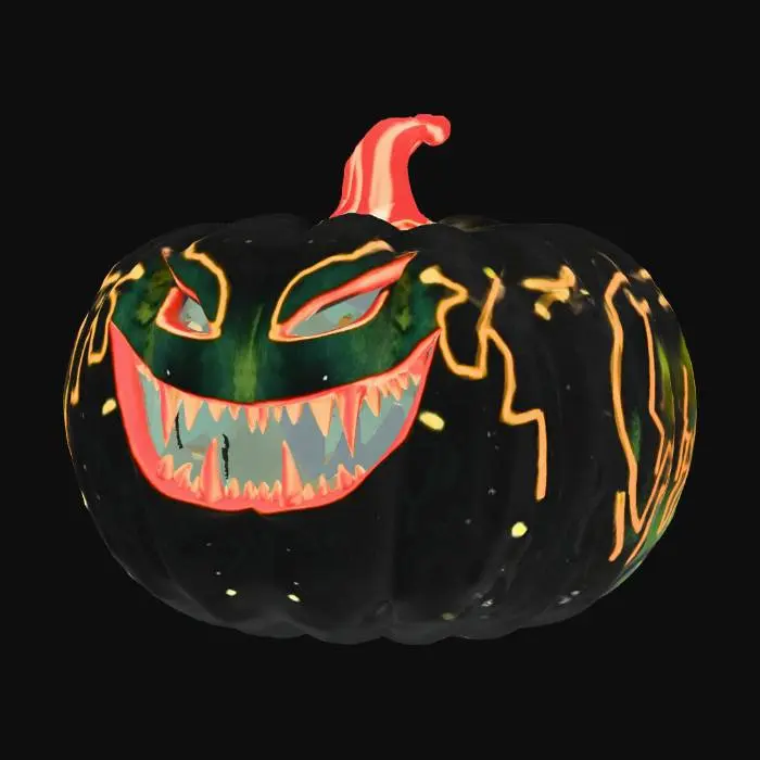 3D model for pumpkin with a nasty playful grin, with vampire-like fangs, translucent finish on metallic background