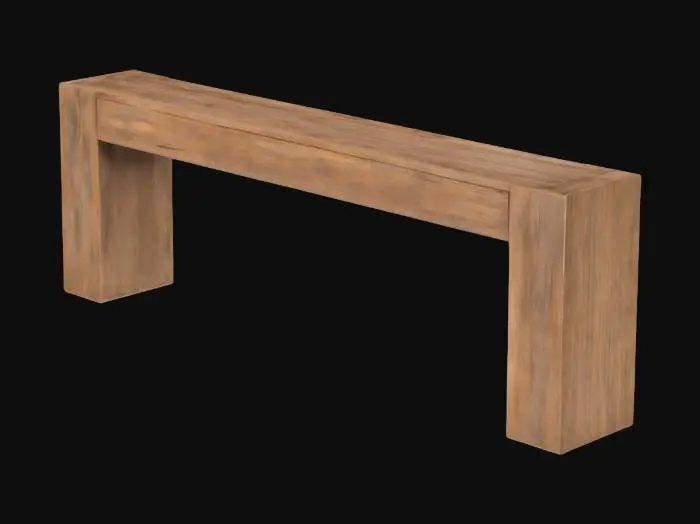 3D model for Rustic oak wood console table with a rectangular top and two block-shaped legs. Seamless, monolithic shape. Visible wood grain, matte finish.