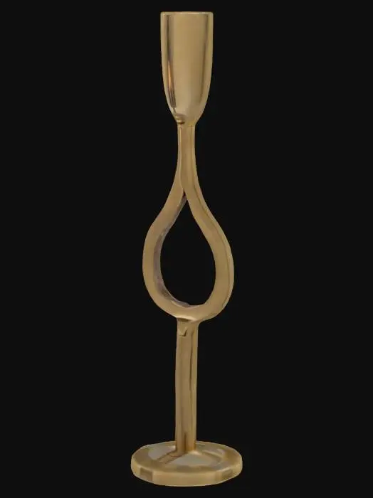 3D model for Elegant candlestick holder made of hand-forged metal with a brass finish. The surface is textured with slight imperfections, showcasing traditional metalworking techniques. Minimalist yet artistic, it stands on a small round base. Perfect as a decorative dining centerpiece. Height approximately 35–40 cm.