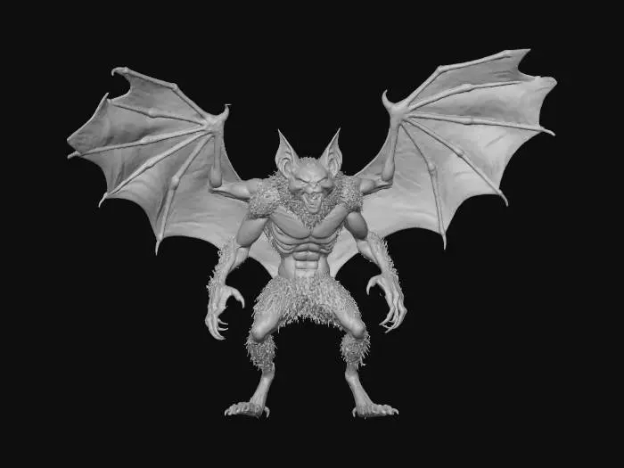 3D model for Cinematic Werebat, midnight black fur, long pointed ears, deep red eyes that glow, elongated yellow teeth, immense jet-black wings, razor-sharp claws.