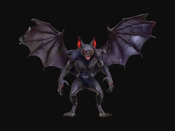 3D model for Cinematic Werebat, midnight black fur, long pointed ears, deep red eyes that glow, elongated yellow teeth, immense jet-black wings, razor-sharp claws.