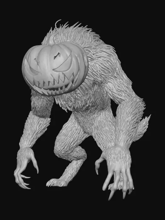 3D model for Моторошний гарбузоголовий вовкулака, з білим хутром, чорними пазурями та зубами з червоним світлом всередині гарбуза