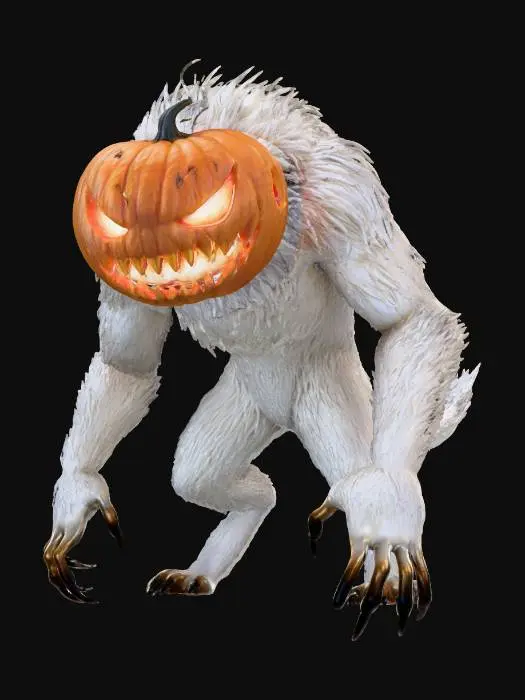 3D model for Моторошний гарбузоголовий вовкулака, з білим хутром, чорними пазурями та зубами з червоним світлом всередині гарбуза