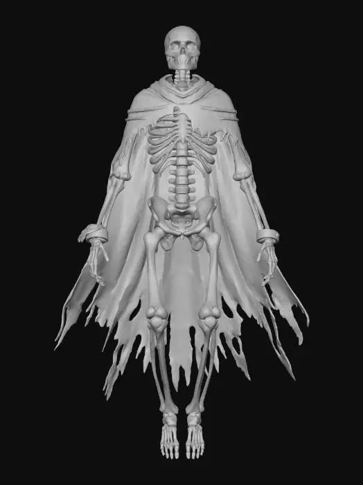 3D model for #Halloween2025#, A ghostly skeleton, translucent and glowing with ethereal blue light. The bones are ancient and yellowed, but wrapped in swirling, wispy smoke. It wears tattered, medieval armor or cloak fragments. The eyesockets emit a cold, intense red left and black right glow. The skeleton is floating in a dark, forgotten dungeon, highly detailed, dramatic lighting, fantasy art.