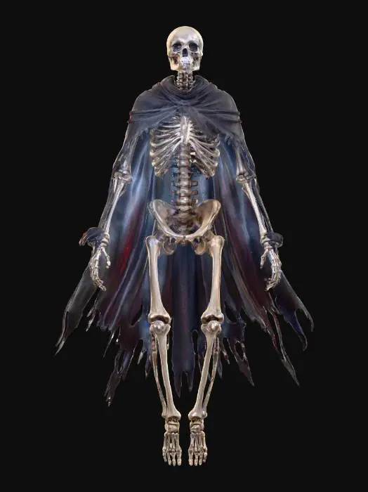 3D model for #Halloween2025#, A ghostly skeleton, translucent and glowing with ethereal blue light. The bones are ancient and yellowed, but wrapped in swirling, wispy smoke. It wears tattered, medieval armor or cloak fragments. The eyesockets emit a cold, intense red left and black right glow. The skeleton is floating in a dark, forgotten dungeon, highly detailed, dramatic lighting, fantasy art.
