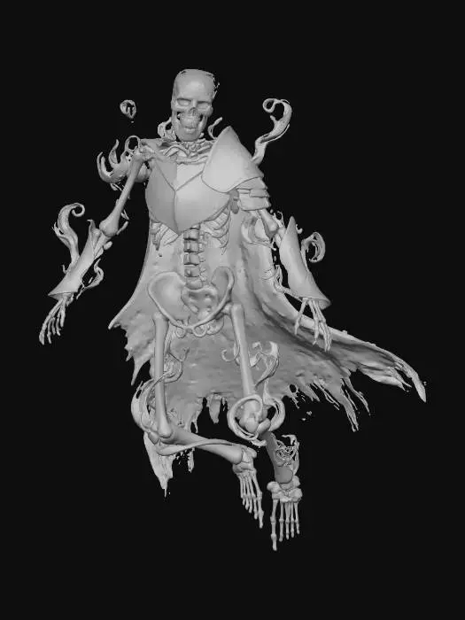 3D model for A ghostly skeleton, translucent and glowing with ethereal blue light. The bones are ancient and yellowed, but wrapped in swirling, wispy smoke. It wears tattered, medieval armor or cloak fragments. The eyesockets emit a cold, faint green glow. The skeleton is floating in a dark, forgotten dungeon, highly detailed, dramatic lighting, fantasy art.