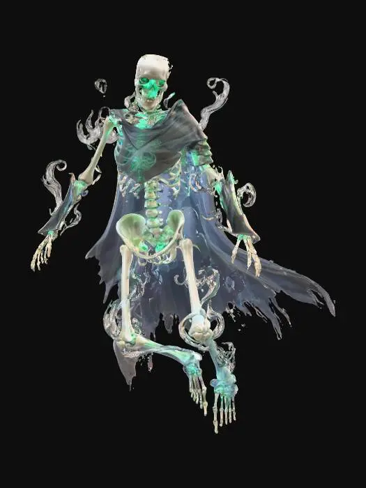 3D model for A ghostly skeleton, translucent and glowing with ethereal blue light. The bones are ancient and yellowed, but wrapped in swirling, wispy smoke. It wears tattered, medieval armor or cloak fragments. The eyesockets emit a cold, faint green glow. The skeleton is floating in a dark, forgotten dungeon, highly detailed, dramatic lighting, fantasy art.