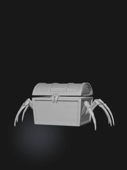 3D model for Mimic storage, black spider legs, old wooden flat lid, glowing red eyes visible from the internal darkness, overgrown with moss.