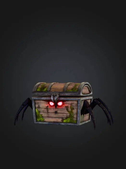 3D model for Mimic storage, black spider legs, old wooden flat lid, glowing red eyes visible from the internal darkness, overgrown with moss.