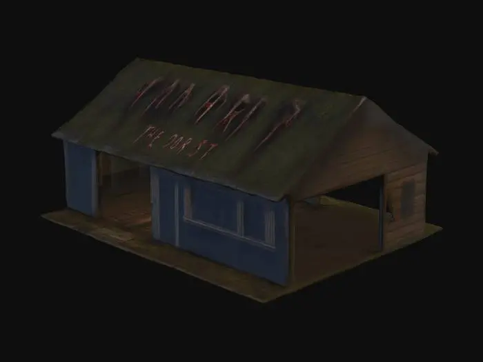 3D model for ormanın içinde denk gelinen içine de girilebilen bir kabin yapar mısın korku temalı