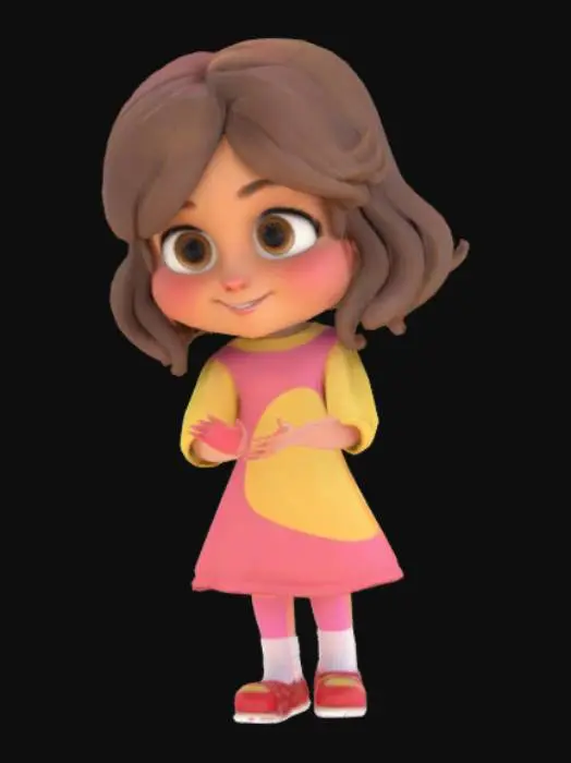 3D model for Create a stylized 3D model of a cheerful little girl, around 7 years old, suitable for an animated video. She should have big expressive eyes, a round face, and a friendly smile. Hair should be shoulder-length, slightly wavy, and brown with bangs. Outfit: a colorful dress (pastel pink and yellow), white socks, and small red shoes. The character should have a cartoonish proportion with a slightly oversized head and large eyes for expressiveness. She should have rigged facial features and a simple rigged body suitable for animation (walk, run, jump). The style should be similar to Pixar or Disney animation — soft, appealing, and kid-friendly. Model should be clean, optimized, and ready for animation use.