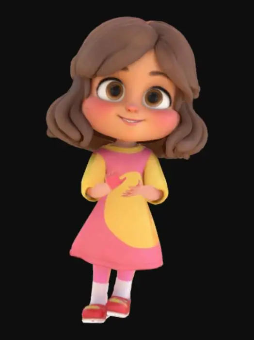 3D model for Create a stylized 3D model of a cheerful little girl, around 7 years old, suitable for an animated video. She should have big expressive eyes, a round face, and a friendly smile. Hair should be shoulder-length, slightly wavy, and brown with bangs. Outfit: a colorful dress (pastel pink and yellow), white socks, and small red shoes. The character should have a cartoonish proportion with a slightly oversized head and large eyes for expressiveness. She should have rigged facial features and a simple rigged body suitable for animation (walk, run, jump). The style should be similar to Pixar or Disney animation — soft, appealing, and kid-friendly. Model should be clean, optimized, and ready for animation use.