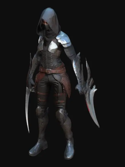3D model for low poly assassin. He hold a dagger on each hand. The sharp blades have a shape that resembles a dragon. He wears a leather armor with intricate details. cyberpunk, high tech, Game Assets, A-pose, Full Body