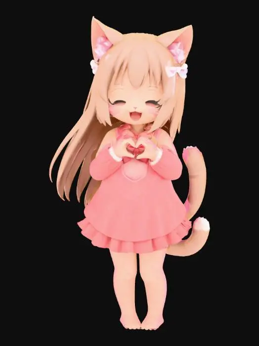 3D model for Cat girl kawaii ribbons making heart with hands
