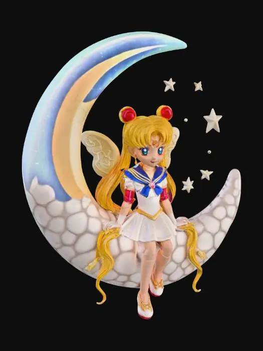3D model for Sailor moon eternal moon angel wings ribbons stars sitting on moon