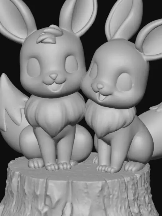 3D model for eevee and togepi on a tree stump covered in flowers