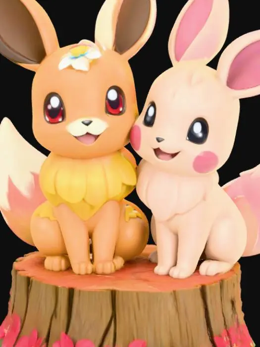 3D model for eevee and togepi on a tree stump covered in flowers