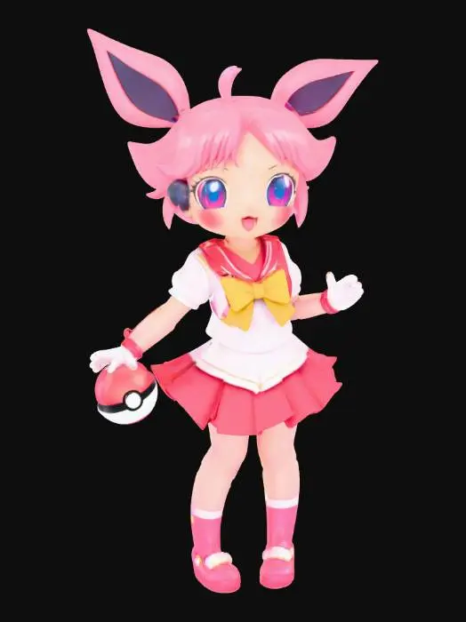 3D model for Sailor chibi moon with a Sylveon pokemon standing next to her with a heart PokeBall on her right hand