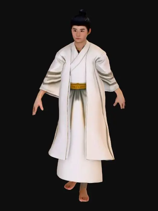 3D model for 3D character model, game asset, full body shot, turntable view. A young man with flowing white layered silk hanfu robes, designed for a Xianxia fantasy game. The fabric architecture has a floating, dynamic quality, frozen in motion to show the drape. Long hair, refined features, ethereal vibe. Clean neutral studio grey background, even flat lighting, Unreal Engine 5 style render, high poly sculpt, ZBrush style. No background scenery. --ar 2:3 --v 6.0
