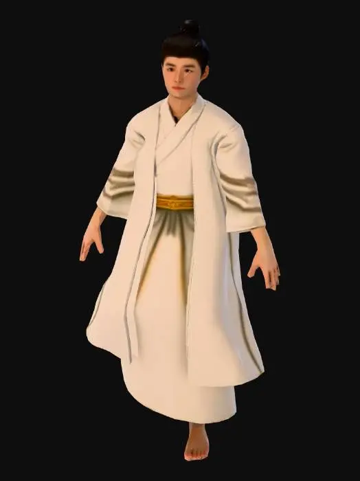 3D model for 3D character model, game asset, full body shot, turntable view. A young man with flowing white layered silk hanfu robes, designed for a Xianxia fantasy game. The fabric architecture has a floating, dynamic quality, frozen in motion to show the drape. Long hair, refined features, ethereal vibe. Clean neutral studio grey background, even flat lighting, Unreal Engine 5 style render, high poly sculpt, ZBrush style. No background scenery. --ar 2:3 --v 6.0