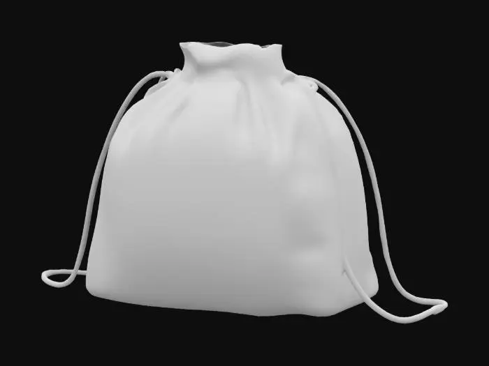 3D model for A felt ornate bag with strings, closed at the top. Deep blue in color. Realistic. 