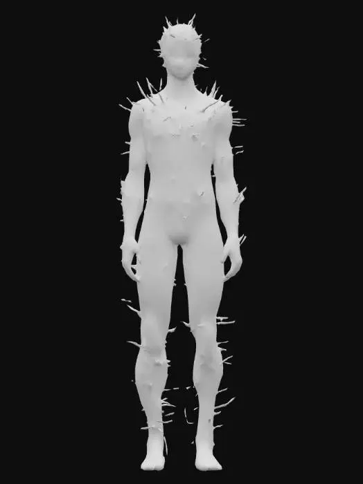 3D model for A pitch black shadow man with human proportions. Head and shoulders covered in spines. Sunken white eyes.