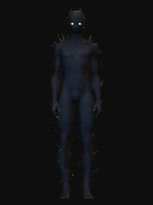 3D model for A pitch black shadow man with human proportions. Head and shoulders covered in spines. Sunken white eyes.