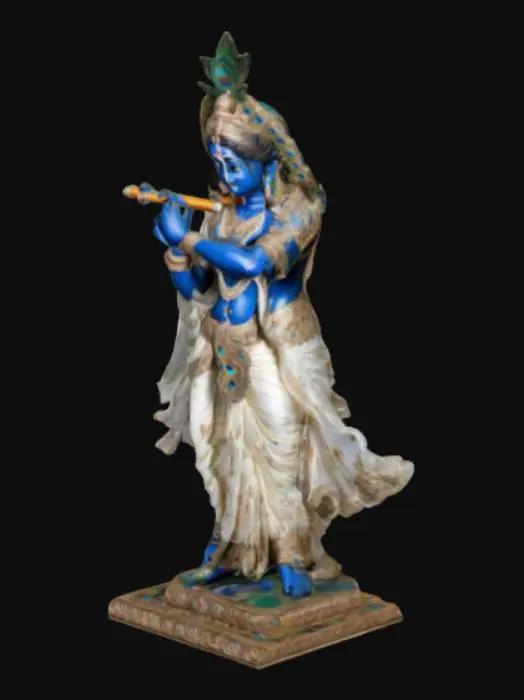 3D model for "A finely detailed statue of Lord Krishna, standing gracefully with a flute in his hands. The statue features intricate jewelry, a flowing silk dhoti, and a majestic peacock feather crown. His expression is serene and divine, radiating love and wisdom. The craftsmanship showcases delicate carvings and smooth textures, highlighting the beauty of the idol. The statue is made of high-quality marble/bronze, with lifelike details and a polished finish. No background, pure focus on the statue."